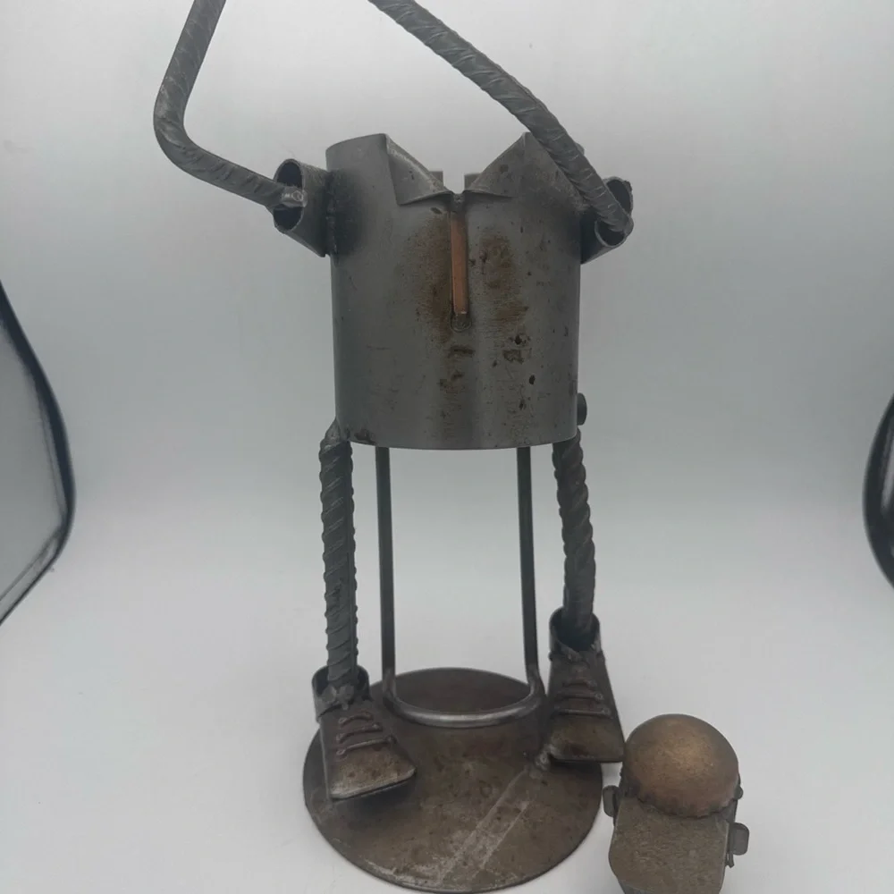 VTG H & K Metal Golfer Golf Wine Liquor Bottle Holder Steel/ Copper brutalist